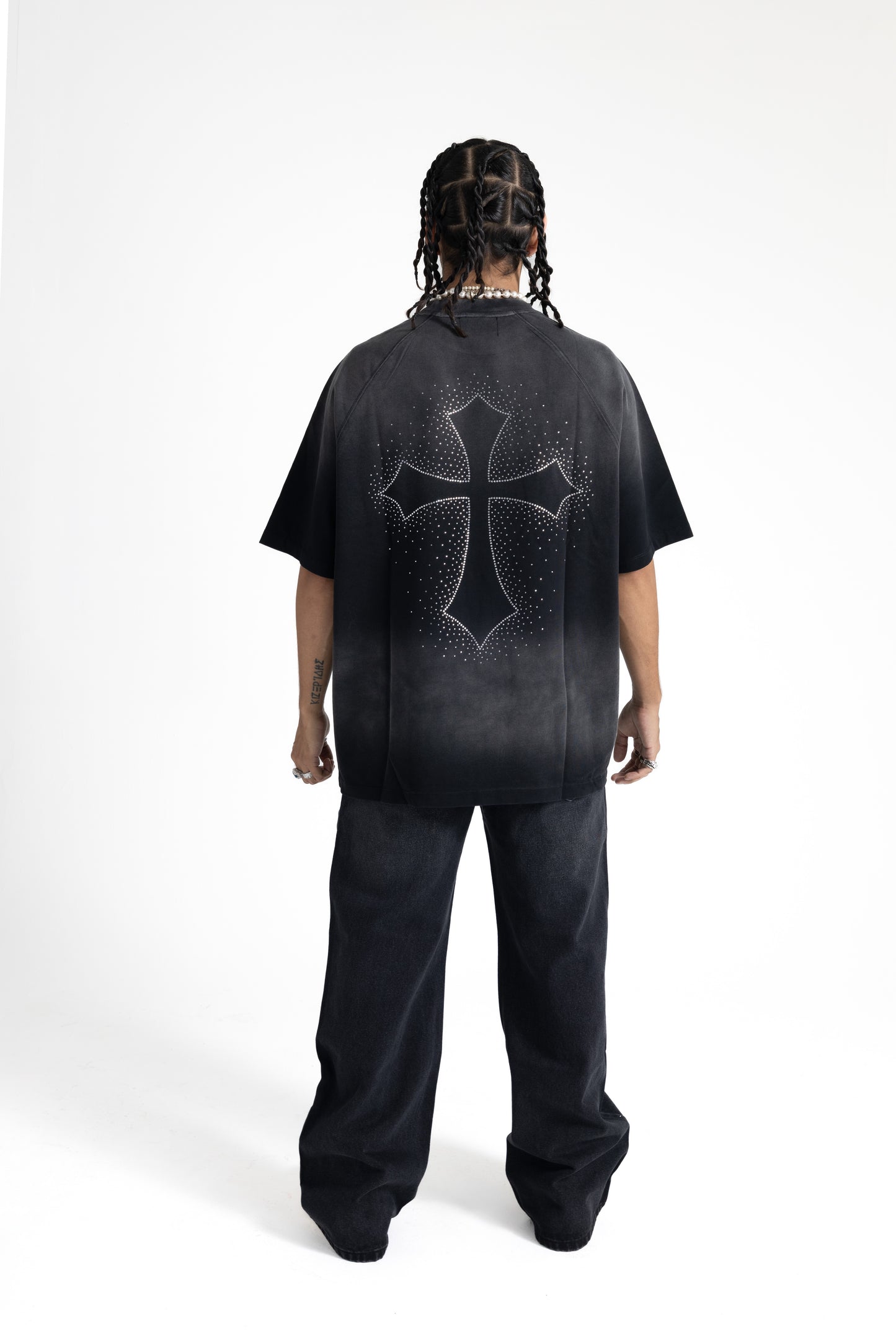 T-shirt Rhinestone Cross - Washed Black
