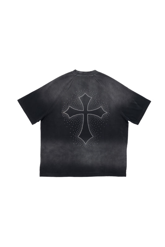 T-shirt Rhinestone Cross - Washed Black